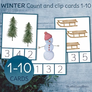 Winter preschool printable count and clip cards. Christmas kids activity. Montessori math printable.