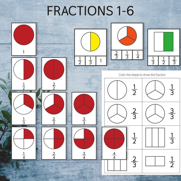 Fractions preschool and kindergarten activities 1-6. Montessori 3-part cards, flashcards, clip cards and coloring worksheets bundle.