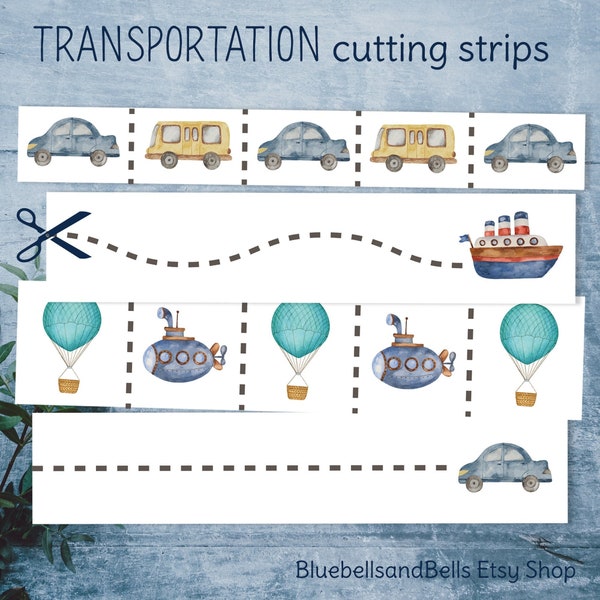 Montessori printbare oefenstrips voor knippen Transport. Fijne motoriek voor peuters en kleuters. Voertuig downloadbare PDF-activiteit.