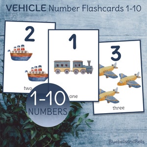 Transportnummer aquareltelkaarten voor peuters. Kaarten voor het tellen van voertuigen voor kleuters.