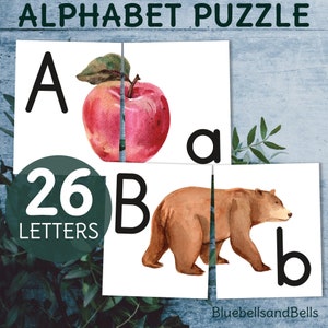 Printable alphabet puzzle. Toddler watercolor letter cards.