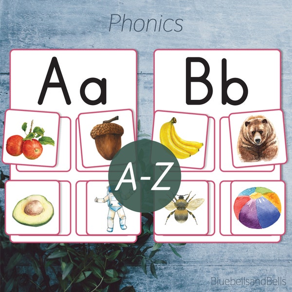 Phonics druckbare Aktivität. Alphabet passend zur Vorschule. Montessori zum Ausdrucken. Buchstaben passende Bilder.