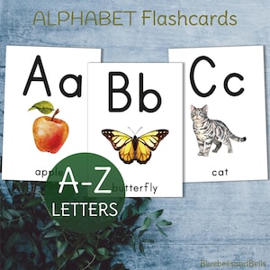 Afdrukbare alfabetische flashcards. Aquarelbriefkaarten voor peuters.