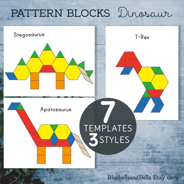 Dinosaur pattern blocks printable templates. Preschool and Kindergarten shape matching activity.
