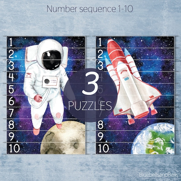 Outer space number sequence 1-10 printable activity. Planets preschool puzzle.