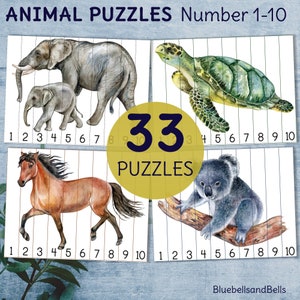 Animal puzzles 1-10 number sequence. Kids printable counting game.