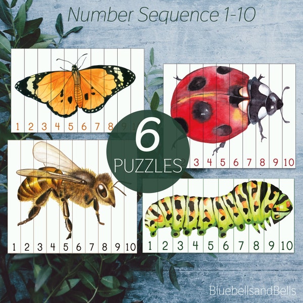 Insect preschool printable number sequence puzzles 1-10. Montessori summer math printable.