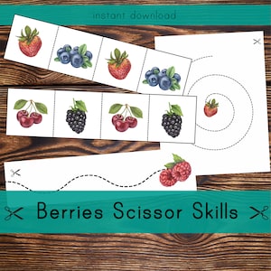 Berries Scissor Skills. Cutting practice printable.