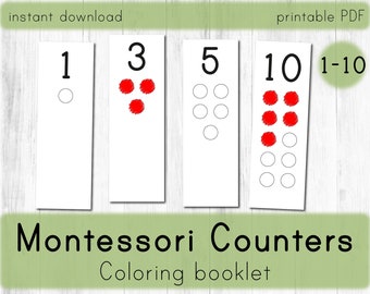 Livret de coloriage Montessori Counters 1-10. Numéros préscolaires.