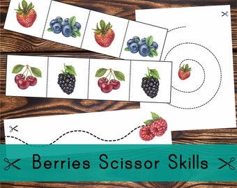 Berries Scissor Skills. Cutting practice printable.