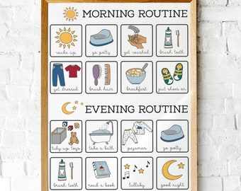 May include: A printable chart with illustrations for a child's morning and evening routine. The chart includes activities like waking up, going potty, getting dressed, brushing teeth, and reading a book.