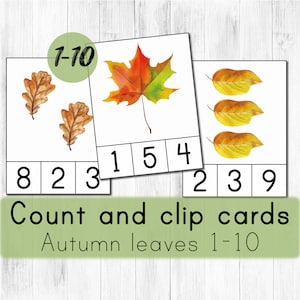 Les feuilles d'automne comptent les cartes 1-10. Mathématiques Montessori imprimables.