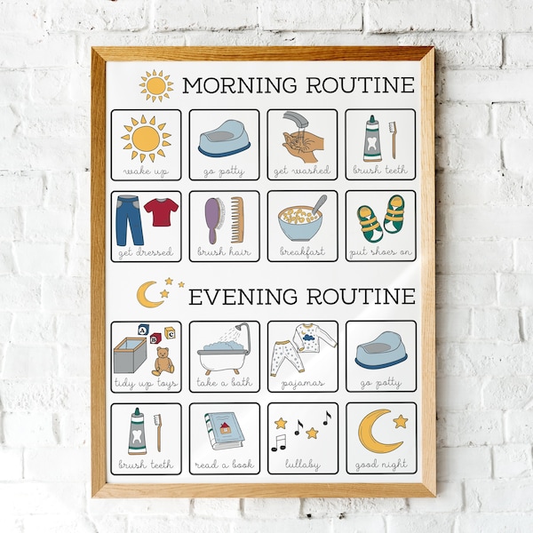 Affiche du tableau de routine pour tout-petits matin et soir. Rythme quotidien imprimable des tout-petits. PDF à télécharger instantanément.