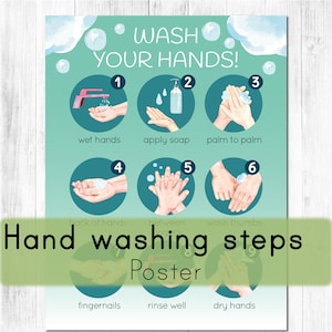 Hand washing steps poster. Classroom printable wall art. Playroom educational poster. image 1