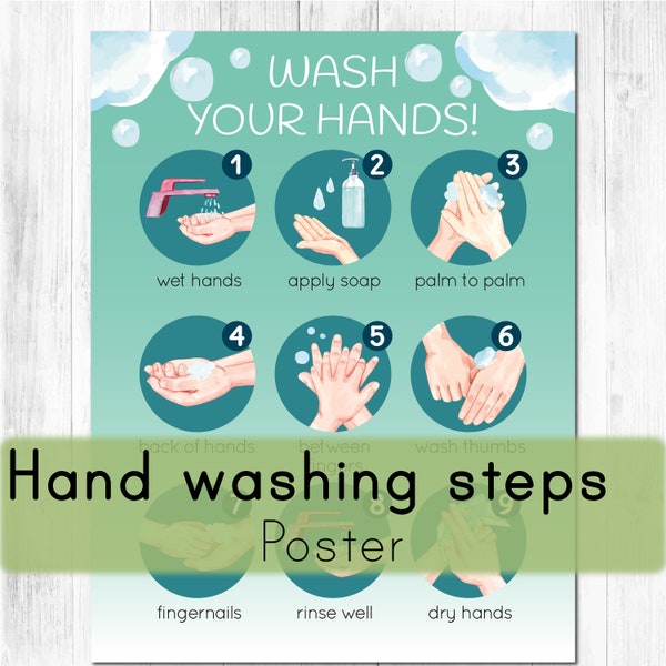 Hand washing steps poster. Classroom printable wall art. Playroom educational poster.