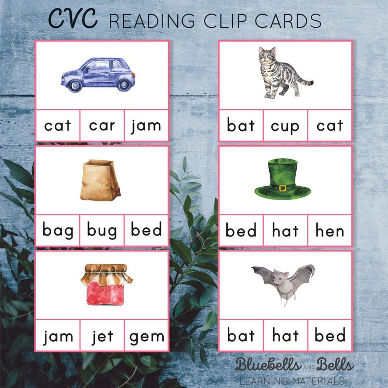 Montessori Printable Reading Clip Cards. Pink Series CVC Word Reading ...