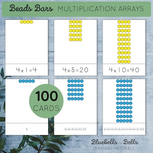 Barres de perles Montessori Cartes de tableaux de multiplication. Groupes égaux, addition répétée de mathématiques pour la maternelle et l'élémentaire à imprimer.