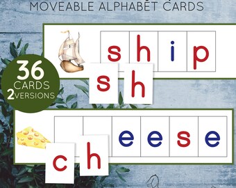 Montessori moveable alphabet Digraph cards. Phonics printable activity.