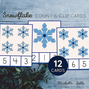 Snowflake printable count and clip cards. Winter preschool  math activity.