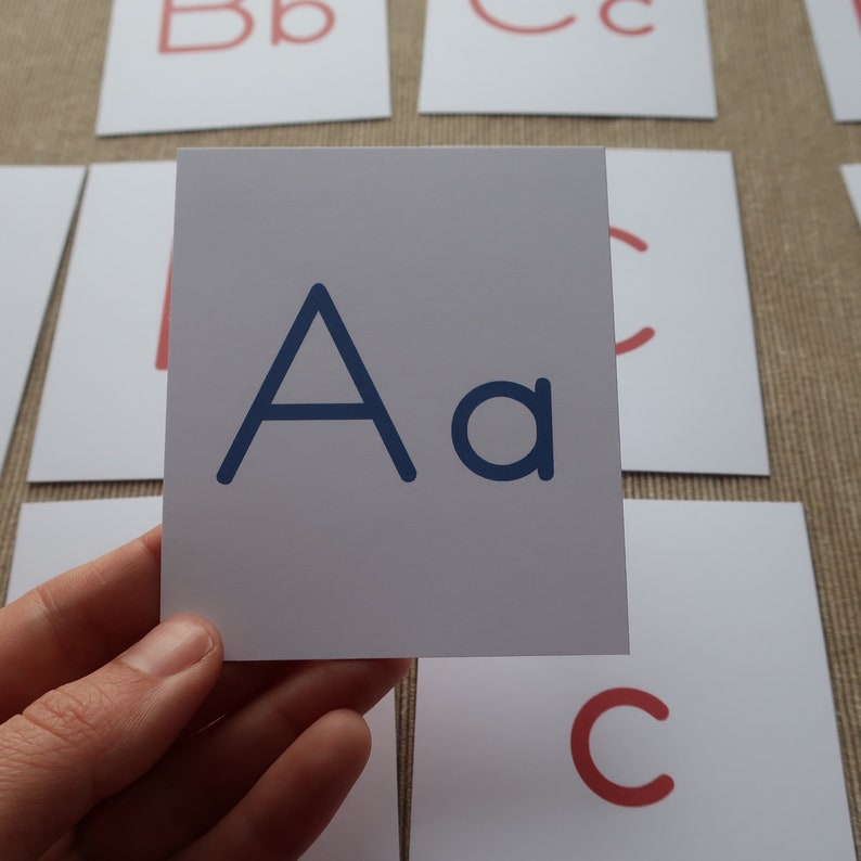 May include: A white card with the letter 'A' in blue uppercase and lowercase. The card is held in a hand.