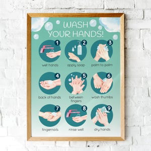 Händewaschen Schritte Poster. Klassenzimmer Wandkunst. Lernposter Spielzimmer.