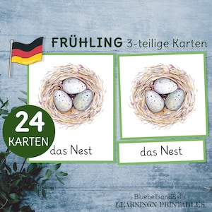 Frühling Montessori 3-teilige Karten. Wortschatz für Kindergarten und Vorschule. Lehrmaterial Deutsch.