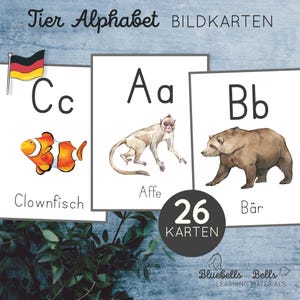 Anlautkarten zum Ausdrucken Tier Alphabet. Buchstaben Kinder Bildkarten.