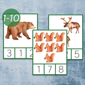 Les animaux des bois comptent et coupent les cartes 1-10. Imprimable Montessori.