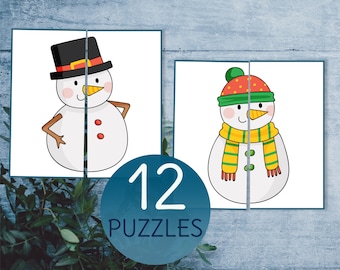 Snowman printable puzzles for toddlers and preschoolers. Winter matching activity.