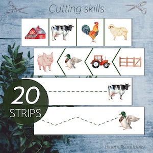 Farm animal cutting strips. Preschool scissor practice worksheets. Montessori cutting skills printable.