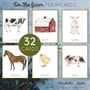 Flashcards de animais de fazenda. Cartões digitais de aquarela para crianças. Presente educacional pré-escolar.