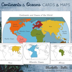 Kontinente und Ozeane Karten und Landkarte. Montessori Geographie Aktivität für Vorschule und Kindergarten.