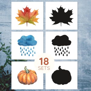 May include: A collection of 18 sets of digital illustrations featuring watercolour and black silhouette versions of a maple leaf, a rain cloud with raindrops, and a pumpkin, arranged in a grid with the text 18 SETS in the centre.