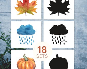 May include: A collection of 18 sets of digital illustrations featuring watercolor and black silhouette versions of a maple leaf, a rain cloud with raindrops, and a pumpkin, arranged in a grid with the text 18 SETS in the center.