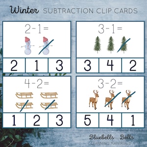 Cartes à clip de soustraction imprimables Montessori hiver 0-10. Activité mathématique de Noël pour la maternelle et la maternelle.