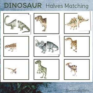 Dinosaur puzzle printable. Halves matching activity for toddlers and preschoolers. Two pieces puzzle game.