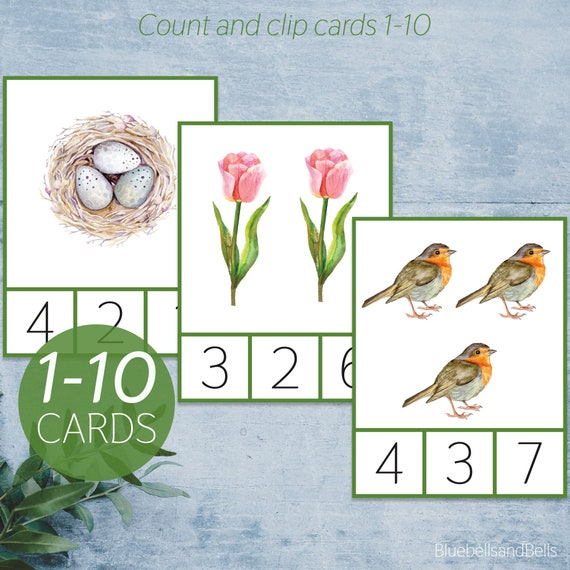 Spring count and clip cards 1-10. Montessori preschool math