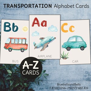 Cartões do alfabeto de transporte. Carta de criança para impressão. Cartões flash ABC em aquarela para veículos pré-escolares.