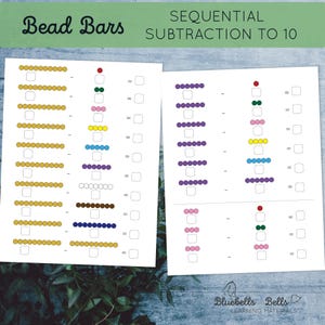 Puede incluir: Dos hojas de trabajo tituladas "Bead Bars" y "Sequential Subtraction to 10". Muestran arreglos de cuentas coloridas para la práctica de la resta. La esquina inferior derecha tiene el texto "Bluebells and Bells Learning Materials".