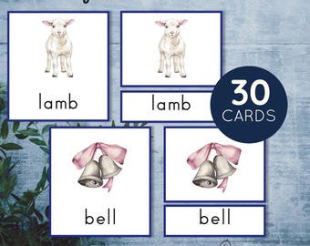 May include: A set of 30 printable 3-part cards for learning ending blends. The cards feature watercolor illustrations of a lamb and a bell, with the word "lamb" and "bell" written below each image. The text "Ending blend 3-PART CARDS" and "30 CARDS" is also included in the image.
