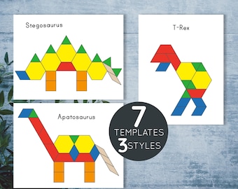 Dinosaur pattern blocks printable templates. Preschool and Kindergarten shape matching activity.