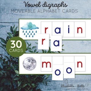 Montessori bewegliche Alphabet druckbare Vokal Digraph Karten für Buchstabenkombination. Phonetik-Tätigkeit für Kindergarten und Vorschule.