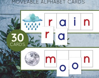 Tarjetas imprimibles con el alfabeto móvil Montessori para unir letras. Actividad fonética para jardín de infantes y preescolar.