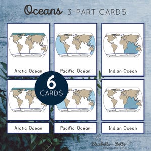 Oceans of the world 3 part cards. Montessori geography printable activity for preschool and kindergarten.