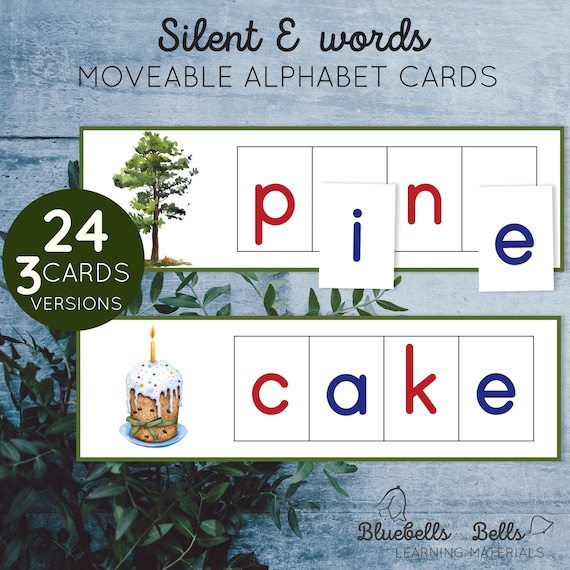 Montessori moveable alphabet printable cards for letter matching. Silent E Activity.