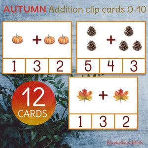 Tarjetas de clip de adición imprimibles de otoño Montessori. Actividad matemática de otoño para preescolar y jardín de infantes.