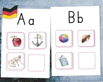 Anlaute Montessori Vorschule Material. Alphabet Kindergarten druckbare Arbeitsblätter.