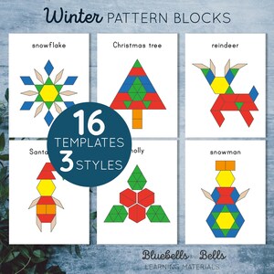 Winter pattern blocks templates. Preschool and Kindergarten printable matching activity.