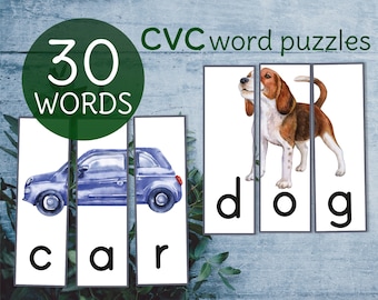 Phonics preschool printable CVC word puzzles. Montessori toddler watercolor puzzles.