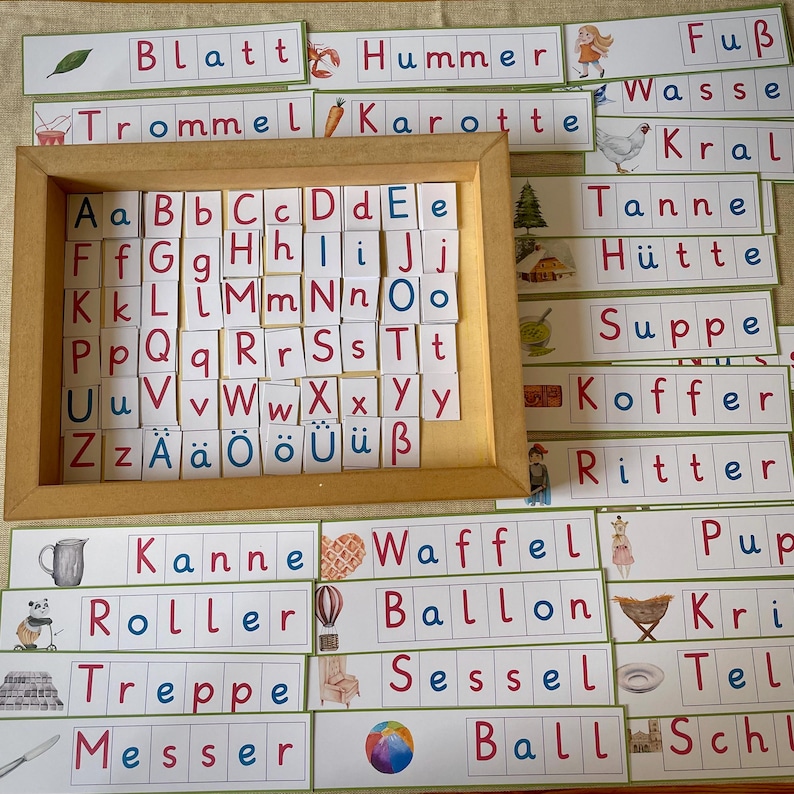Montessori Anlaute. Bewegliches Alphabet Wortkarten. Doppelkonsonanten